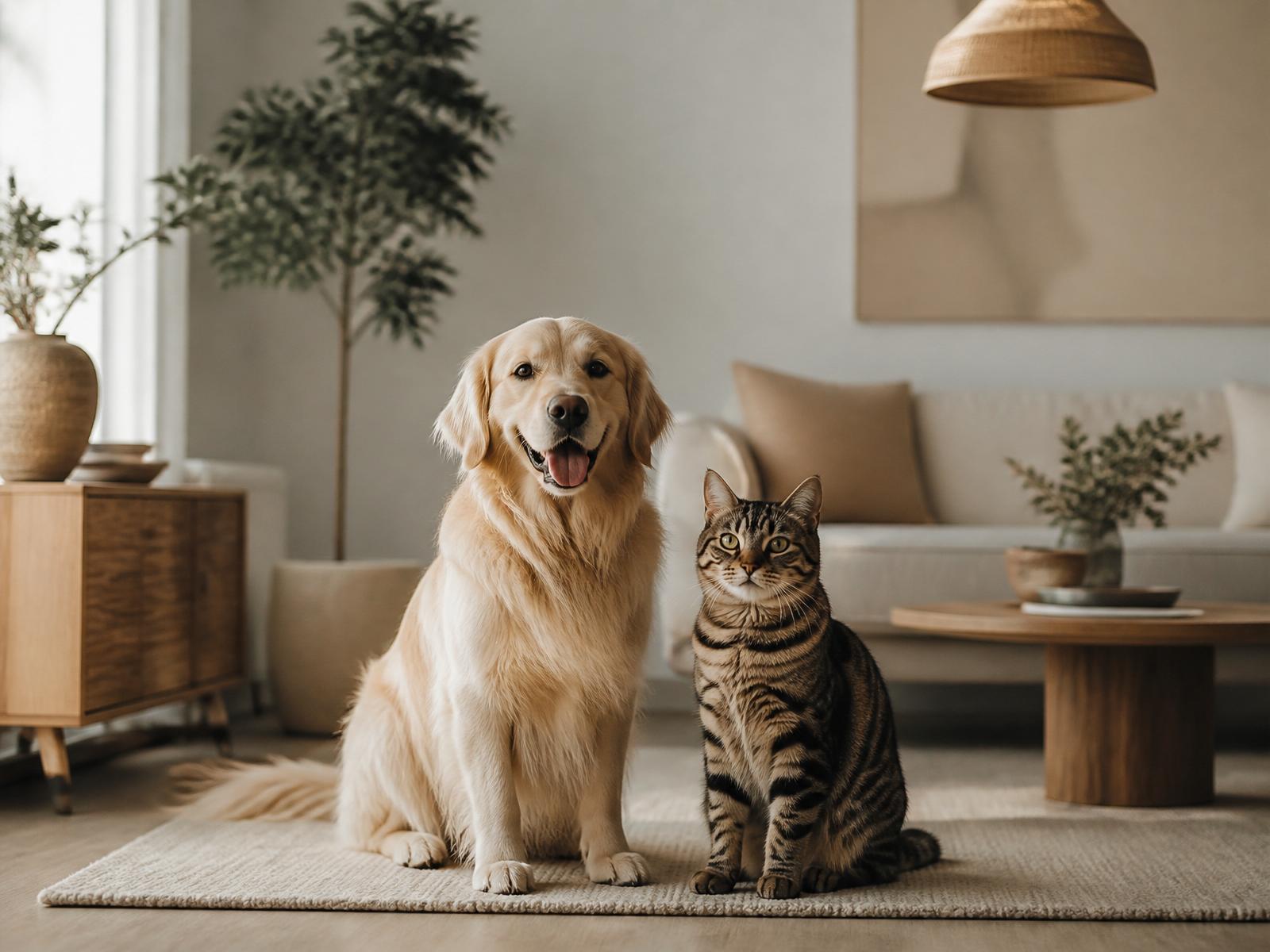 Hund und Katze in einem hellen, modernen Wohnraum